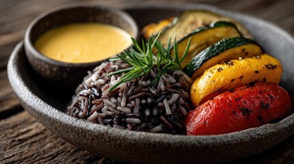 A beautifully arranged plate featuring black rice, grilled colorful vegetables, and a creamy sauce, highlighting a vibrant and healthy meal.