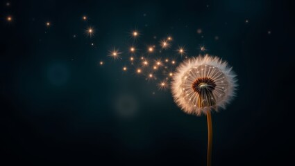 Dandelion seeds drifting in the cool evening breeze beneath twinkling stars illuminating a tranquil night sky
