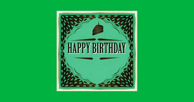 On playback start greeting card rotating on vertical axis to reveal border, cake?slice icon