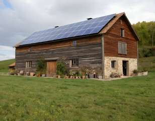 Obraz premium Rustic Farm Barn with Solar Panels on Roof – Sustainable Energy in Rural Countryside