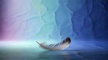 Delicate feather rests on a reflective surface with a gradient background