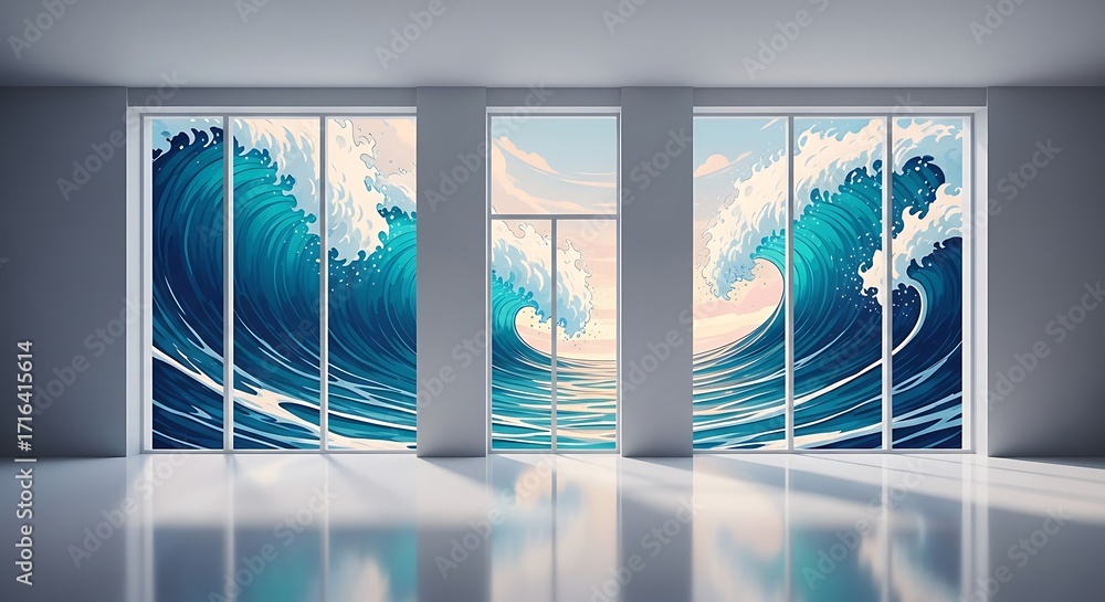 Poster modern room interior with large windows displaying ocean waves architecture