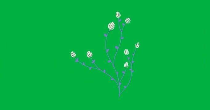 Upon start blue branch with buds staying static as pixel mosaic shifting creating digital backdrop