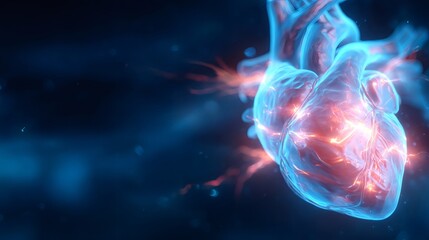 Obraz premium Abstract glowing human heart with electrical impulses. Advanced diagnostic and treatment for cardiology. Futuristic medical technology.