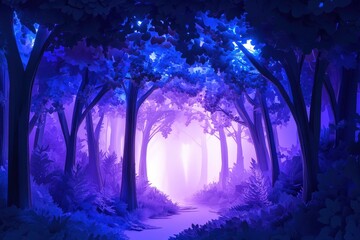 Fototapeta premium A vibrant, mystical forest path bathed in glowing, violet and blue light, creating a captivating and ethereal atmosphere.