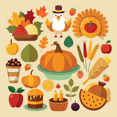 Cartoon turkey, pumpkin, cake, fruits, and vegetables. Thanksgiving table decorations collection. Vector illustration.