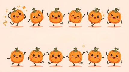 Fototapeta premium Vector-Style Kawaii Pumpkins Dancing Isolated for Commercial Stock Use