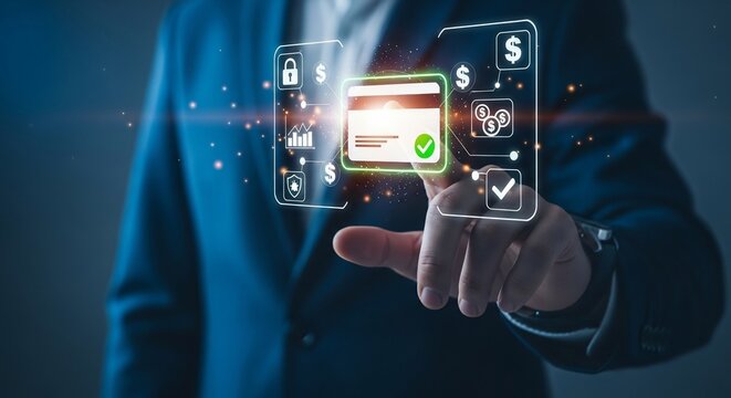 Confident businessman interacts with futuristic digital payment interface, confirming secure transaction success