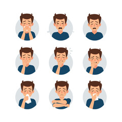 Fototapeta premium Man Expressing Flu Symptoms and Cold Virus with Cartoon Illustrations and Health Awareness for Preventative Measures and Spreading Knowledge about Common Illnesses and Wellbeing