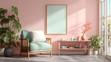 Cozy Living Room Corner with Pastel Pink Walls and Green Plants