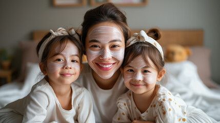 Young Asian Mother and Twin Daughters Enjoying Weekend Skincare Pamper Session With Sheet Masks in Cozy Bedroom. Family Self-Care Time With Matching Korean Beauty Masks While Relax