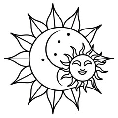 Elegant celestial line art design featuring a stylized sun and moon in harmony