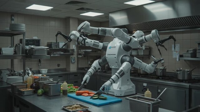 A Multi-Armed Robot Chef Skillfully Prepares Meals in a Modern Kitchen Environment, Demonstrating Advanced Culinary Precision and Innovation in Robotic Technology