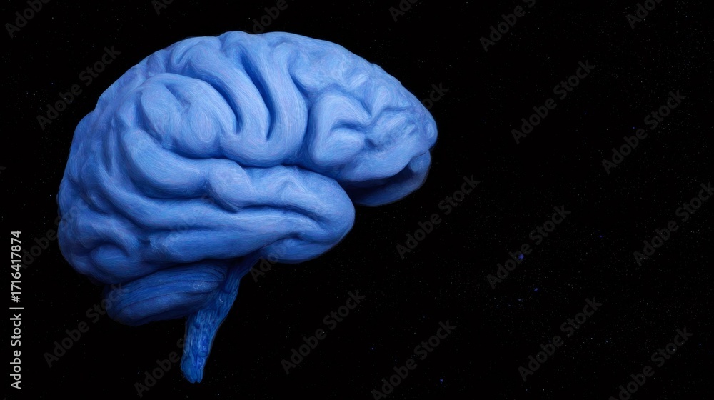 Poster blue human brain model on a black background with stars. artificial intelligence and digital learnin