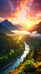 beautiful sunrise over the mountains and river