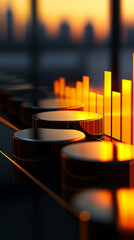 Glowing orange equalizer bars and glossy knobs on an audio console at sunset, with a soft bokeh skyline, evoking modern studio sound mixing and sleek technology.