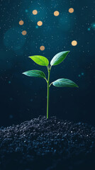 A fresh green seedling rises from rich soil against a dreamy bokeh background, symbolizing growth, renewal, and environmental hope