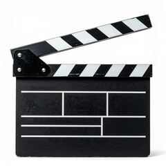 Fototapeta premium Open clapperboard with stripes isolated on white background, classic movie production equipment