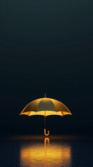 A golden umbrella stands open on a dark, wet, reflective surface, glowing under dramatic light in a minimalist scene.