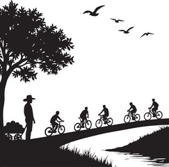 Silhouette of people cycling across a bridge with a farmer and cart
