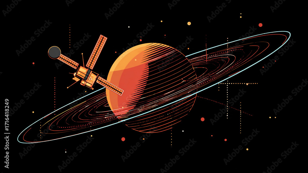 Poster spacecraft orbiting a ringed planet in space exploring the cosmos