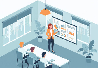 Woman Presenting Charts to Team in Modern Office – Business Meeting and Data Analysis Illustration