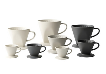 Elegant assortment of ceramic coffee drippers in varying sizes and neutral tones, isolated on transparent background, perfect for pourover brewing enthusiasts