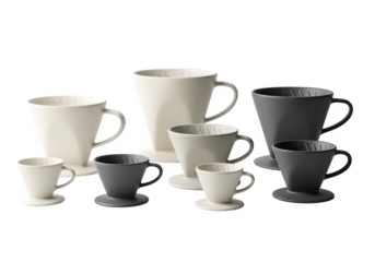 Elegant assortment of ceramic coffee drippers in varying sizes and neutral tones, isolated on transparent background, perfect for pourover brewing enthusiasts