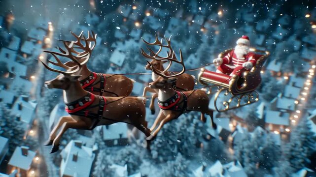 Santa Claus flying over a snowy village in a sleigh pulled by reindeer at night.