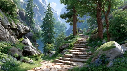 Obraz premium Stone pathway winding through a lush sunlit mountain landscape with rocky cliffs and evergreen trees