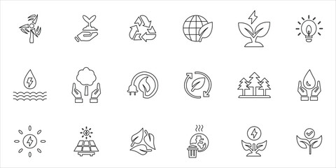 ecology icos set. ecological, hybrid power, wind power, solar power, recycle and more. simple line vector