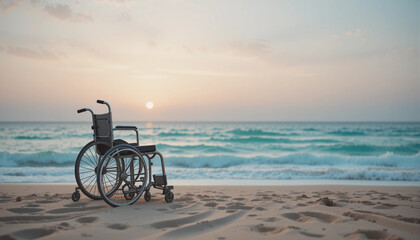 Obraz premium Wheelchair on the beach with ocean waves and sunset in serene atmosphere 