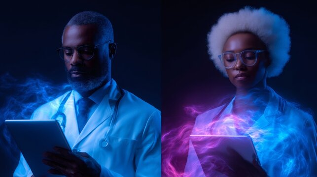 African american man and a woman doctor using tablet with glowing light. Telemedicine and artificial intelligence data for modern healthcare. - Powered by Adobe