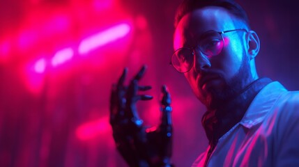 Fototapeta premium Man in glasses with a robotic hand and neon light. Humanoid cyborg bioengineering technology concept. Bionic limb medical implant.