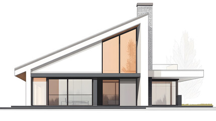 Modern single house with large windows, clean facade, and grey roof in front view.