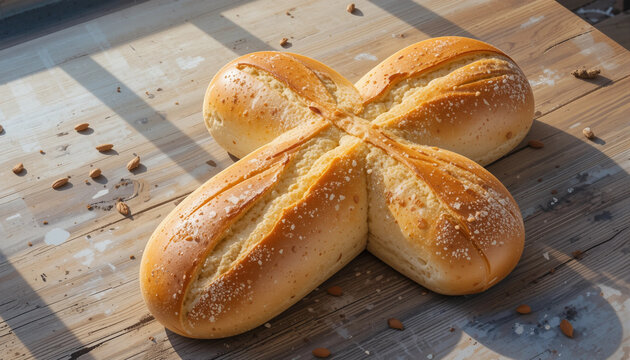 Traditional Easter bread with decorative cross pattern on rustic wooden surface