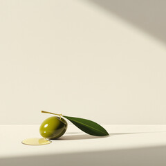 A single green olive with a leaf rests on a light surface, next to a small pool of olive oil, under soft natural lighting against a beige background.