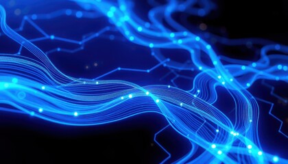 Abstract Blue Digital Wave with Glowing Dots and Hexagonal Patterns in a Futuristic Technology Background