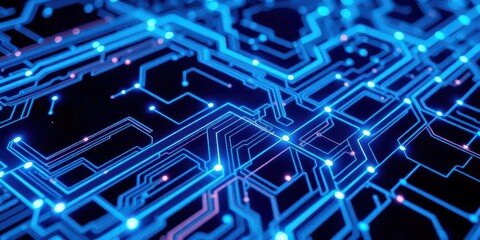 Futuristic Blue Circuit Board Pattern with Glowing Lines and Nodes Representing Advanced Technology and Digital Connectivity


