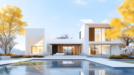 Modern single house with large windows, clean facade, and grey roof in front view.