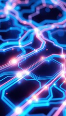 Futuristic Neon Circuit Board with Glowing Blue and Pink Lights Creating a High-Tech Digital Network Background