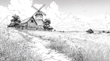 A grayscale drawing of a countryside scene