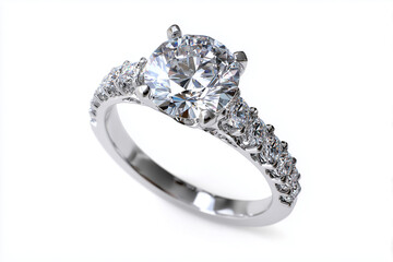 A diamond engagement ring, 3D render, isolated on a white background.