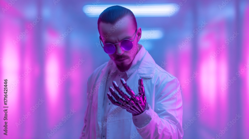 Poster caucasian man in lab coat and futuristic sunglasses interacting with a robotic hand. biomedical engi