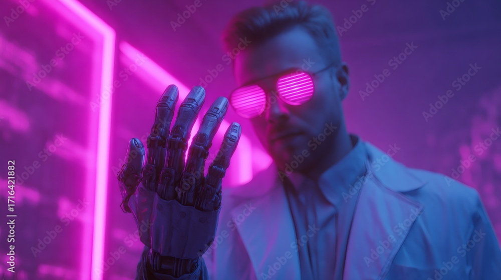 Aufkleber man in lab coat and futuristic glasses presenting an advanced robotic arm. innovative bioengineering