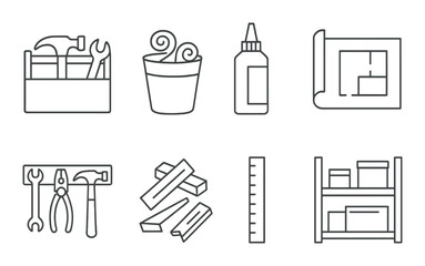 Monochrome outline of diy tools and materials for home improvement projects