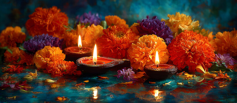 Happy Diwali Lighting diya oil lamps and flowers against a blue backdrop This is a traditional Indian festival of lights Celebrating a religious holiday. with copy space image