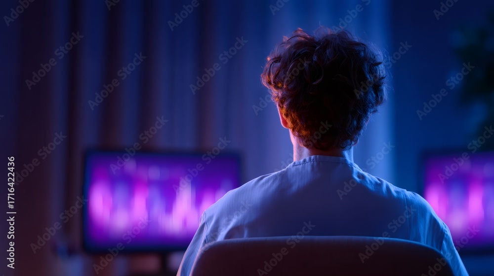 Poster rear view of a man watching abstract digital information on computer screens. future of big data ana
