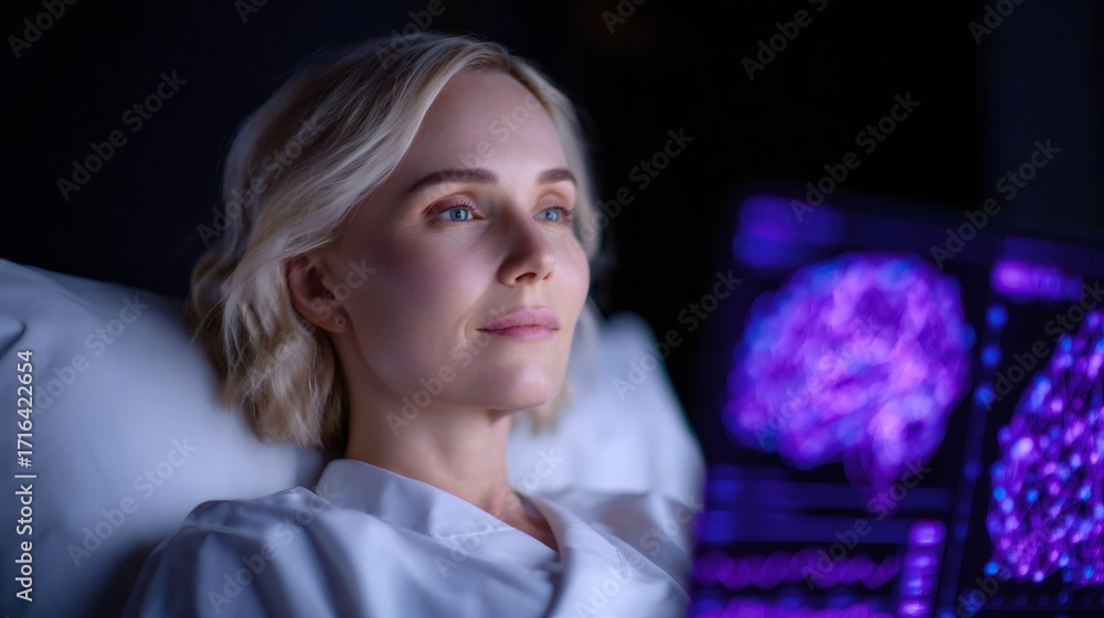 Poster woman looking at virtual brain on screen. medical scanning and diagnostic using innovative technolog