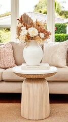 Modern living room with beige sofa and white vase on light brown rug
